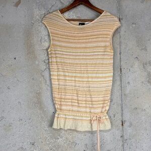 Vintage70s  thyme yellow coral tan striped knit sleeveless top medium